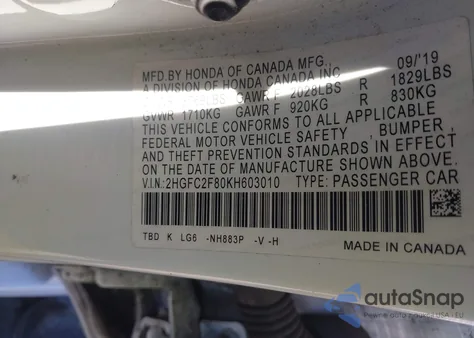 2019 Honda Civic Sport из США, поврежденный, VIN 2HGFC2F80KH603010